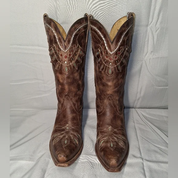 Tony Lama Brown Leather Western Heeled Boots with Turquoise & Red Accents - Picture 3 of 5